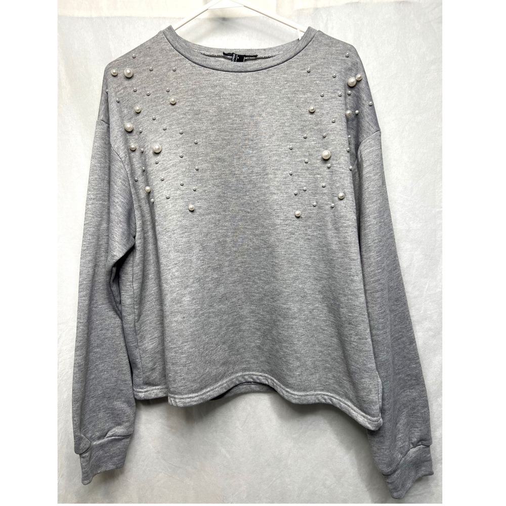 Forever 21 Women Heather Gray Faux Pearl Embellished Sweatshirt Size L